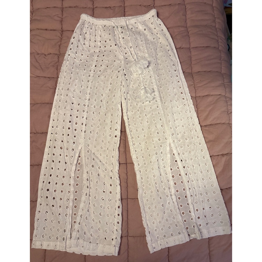True‎ Destination Womens White Eyelet Wide Leg Pants Tassel Tie Boho Beach, M